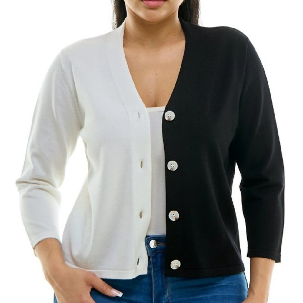 NINA LEONARD Black White 3/4 Sleeve Colorblock Sweater Top - S (NWT)